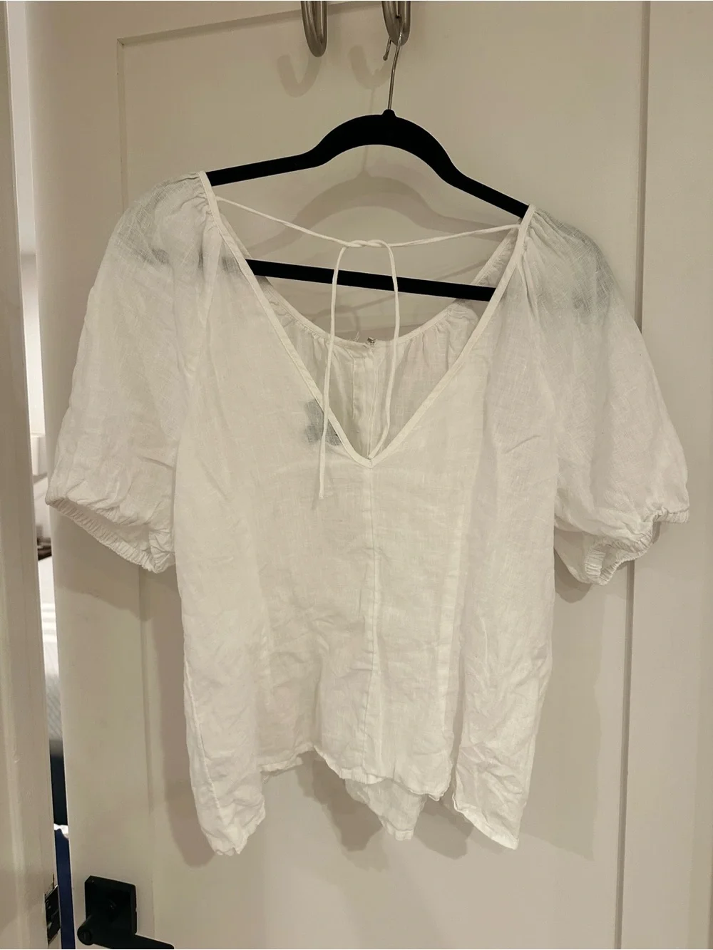 J. Crew White Puff Sleeve Tie-Back Top